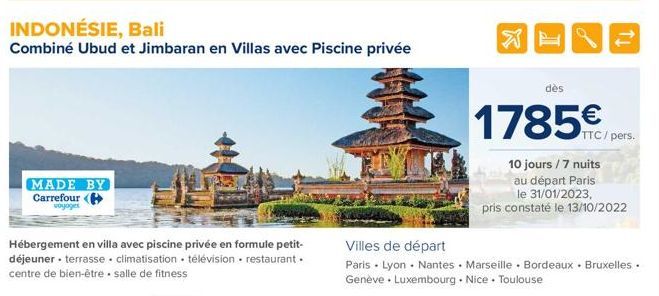 MADE BY Carrefour  voyages  INDONÉSIE, Bali  Combiné Ubud et Jimbaran en Villas avec Piscine privée  Hébergement en villa avec piscine privée en formule petit-déjeuner terrasse. climatisation télévisi