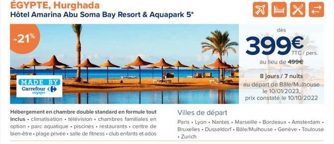 ÉGYPTE, Hurghada  Hôtel Amarina Abu Soma Bay Resort & Aquapark 5*  -21%  MADE BY Carrefour ( voyages  Hébergement en chambre double standard en formule tout inclus. climatisation télévision chambres f