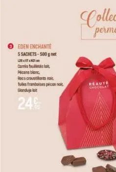 ● eden enchanté  5 sachets-500g net  120×178259  carrés feuilletés loit  pecans blanc  rocs croustillants noir, tuiles framboises pécon noir, gianduja lait  24  reaute chocolat  