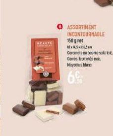 CAUTE  ASSORTIMENT INCONTOURNABLE 150 g net  1x45x16,5cm  Caramels au beurre sole lot.  Comes feuilles noi  Mayottes blanc  6 