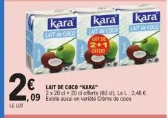 le lot  kara  lait de coco  €lait de coco "kara"  kara  lait de coco lot de 2+1 offert  2 x 20 cl + 20 cl offerts (60 cl), le l: 3,48 €  09 existe aussi en variété crème de coco.  kara lait de coco 