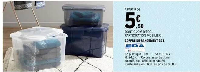 à partir de  ,50  dont 0,20 € d'éco-participation mobilier  coffre de rangement 30 l eda  11 wenter  en plastique. dim.: l. 54 x p. 36 x h. 24,5 cm. coloris assortis: gris acidulé, bleu acidulé et nat