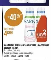 soit l'unité  -40%  narta n  ud  autres variétés ou poids disponibles  le litre : 24€95-l'unité: 8€32  déodorant atomiseur compressé magnésium protect narta  2x 100 ml (200 ml)  sprays  compresses 