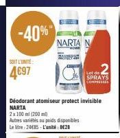 -40%*  SOIT L'UNITÉ  4697  NARTA N  "HOME  GAMES  SPRAYS COMPRESSES  Déodorant atomiseur protect invisible NARTA  2x 100 ml (200 ml) 