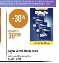 -30%  SOIT L'UNITE:  36696  Lames Gillette Mach3 Turbo 3x4  Autres variétés disponibles L'unité:52€80  Gillette  MACHT  4+4+4=12  Gillette 