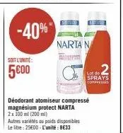 -40%  soit l'unité:  5€00  narta n  ramp  déodorant atomiseur compressé magnésium protect narta 2x 100 ml (200 ml)  autres variétés au poids disponibles le litre: 25e00-l'unité: 8€33  lot de sprays co