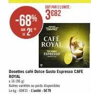 -68% 2⁰"  soit par 2 l'unité:  3€82  café royal  the hole espresso  dosettes café dolce gusto espresso cafe  royal  x 16 (96 g)  autres variétés ou poids disponibles le kg: 6031-l'unité: 5€79 