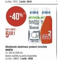 -40%  soit l'unite:  5€81  autres variétés ou poids disponibles le litre: 29€05-l'unité: 9€69  narta n  an  déodorant atomiseur protect invisible narta  2x 100 ml (200 ml)  2  lot de sprays compresses