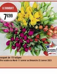 le bouquet  7€99  fleurs france  bouquet de 15 tulipes  offre valable du mardi 17 janvier au dimanche 22 janvier 2023 