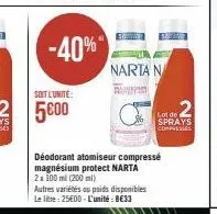 -40%  soit l'unité:  5€00  narta n  ramp  déodorant atomiseur compressé magnésium protect narta 2x 100 ml (200 ml)  autres variétés au poids disponibles le litre: 25e00-l'unité: 8€33  lot de sprays co