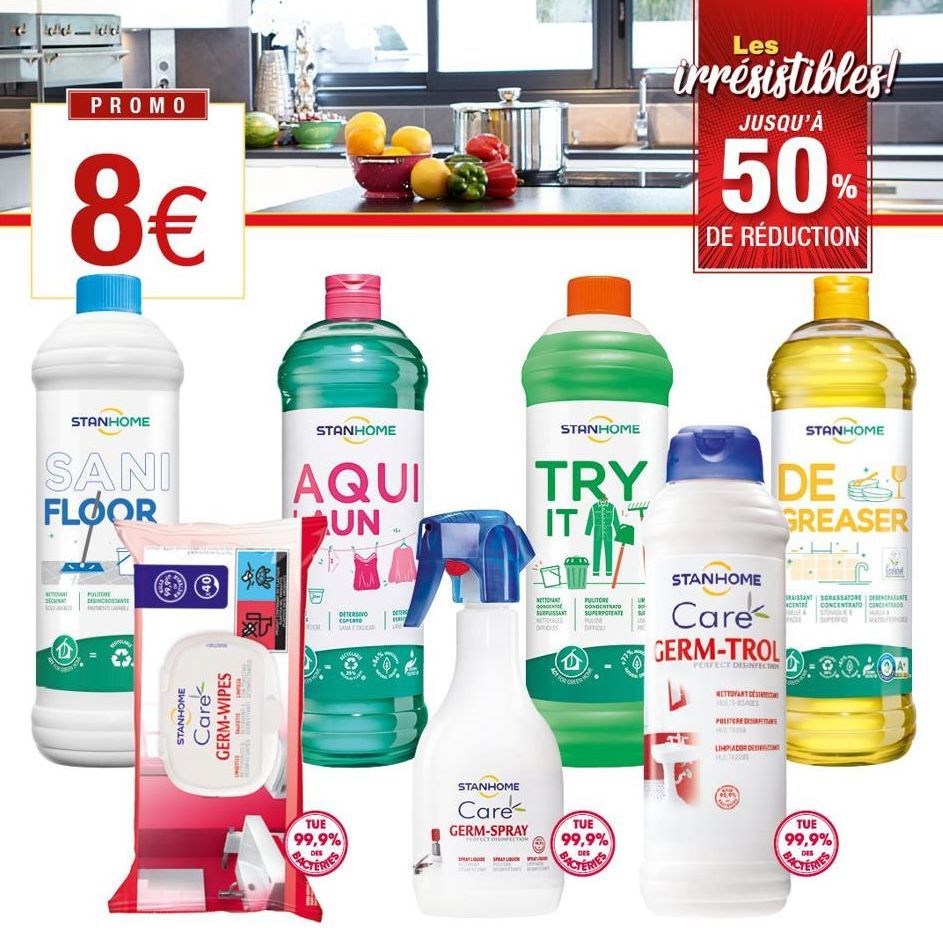 ddddd  PROMO  8€  DECANT  STANHOME  SANI FLOOR  PULITORE DISINCROSTANTE T  STANHOME  Care GERM-WIPES  THE CO  HARLENERS  T  SPALISAN  S  STANHOME  AQUI UN  por  DETERSIVO COPERTO LANA DELICA  MELAY  T