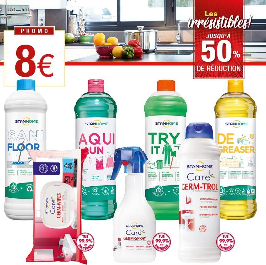 ddddd  PROMO  8€  DECANT  STANHOME  SANI FLOOR  PULITORE DISINCROSTANTE T  STANHOME  Care GERM-WIPES  THE CO  HARLENERS  T  SPALISAN  S  STANHOME  AQUI UN  por  DETERSIVO COPERTO LANA DELICA  MELAY  T