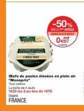 tout cabre de 4  as fras  -50%  sur le article immediatement  0€67  lunite  eufs de poules élevées en plein air "monoprix"  labo  1e33 les 2 au lieu de 1€78  origine  france 