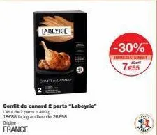 labeyrie  confit & canard  confit de canard 2 parts "labeyrie"  luide 2 parts 400 g 18688 le kg au lieu de 26€98  origine  france  -30%  immédiatement  7€55 
