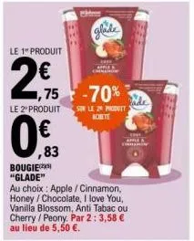 le 1 produit  2 € 75  bougie "glade"  le 2º produit  ,83  ,75 -70%  glade  apple chinahon  sur le 2 prodott achete  happle  au choix: apple / cinnamon, honey / chocolate, i love you, vanilla blossom, 