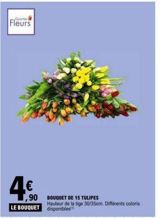 Fleurs  4€  ,90  LE BOUQUET  BOUQUET DE 15 TULIPES Hauteur de la tige 30/35cm. Différents coloris disponibles 