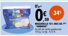 conselle  jambrosi  0,894)  € -34% ,59  mozzarella 18% mat.gr. "ambrosi"  au lait de vache pasteurisé. 125 g. le kg: 4,72 €. 