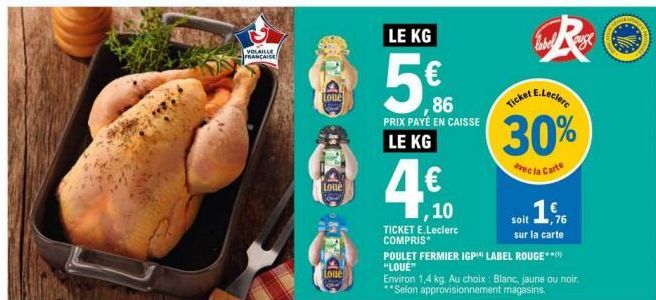 VOLAILLE  FRANÇAISE  CERTCED CER  Loue  Loué  Loue  LE KG  ,86  PRIX PAYÉ EN CAISSE LE KG  ,10  TICKET E.Leclerc COMPRIS*  E.Leclerc  Ticket  30%  avec la Carte  POULET FERMIER IGP LABEL ROUGE*** "LOU