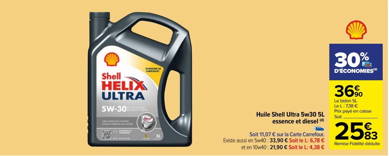 Huile Shell Ultra 5w30 5L essence et diesel 