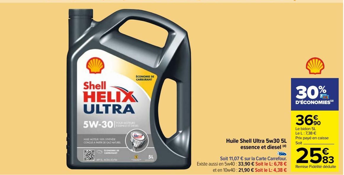 Huile Shell Ultra 5w30 5L essence et diesel