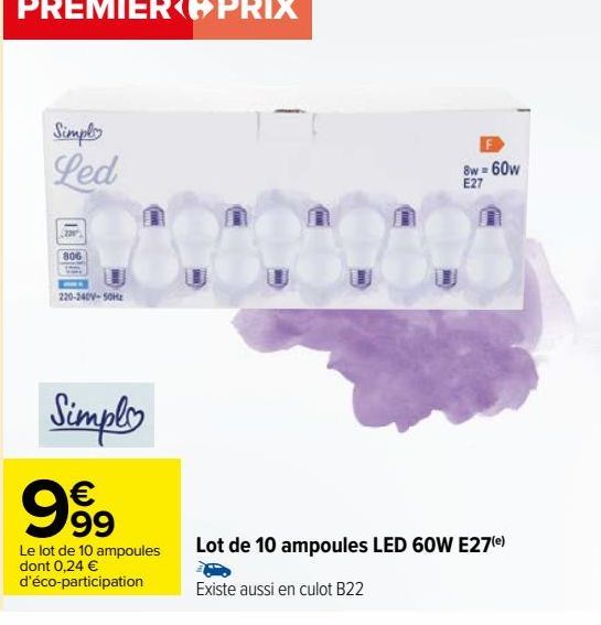 Lot de 10 ampoules LED 60W E27