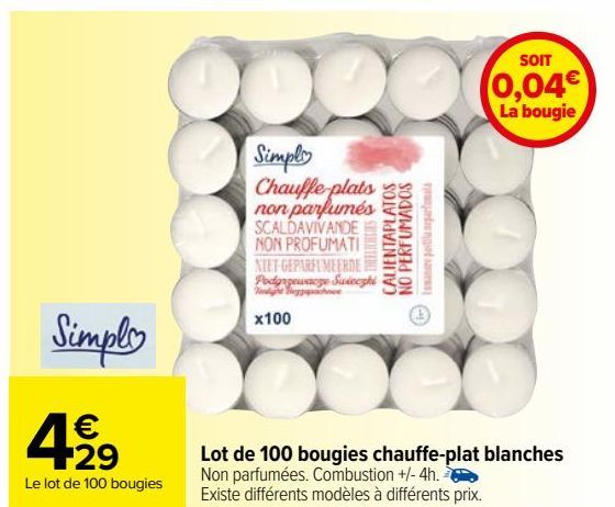 Lot de 100 bougies chauffe-plat blanches