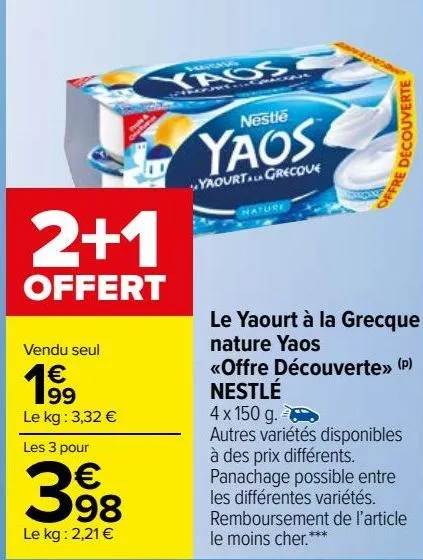  le yaourt à la grecque  nature yaos  «offre découverte» (p)  nestlé