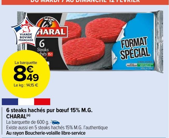6 steaks hachés pur bœuf 15% M.G.  CHARAL(n)