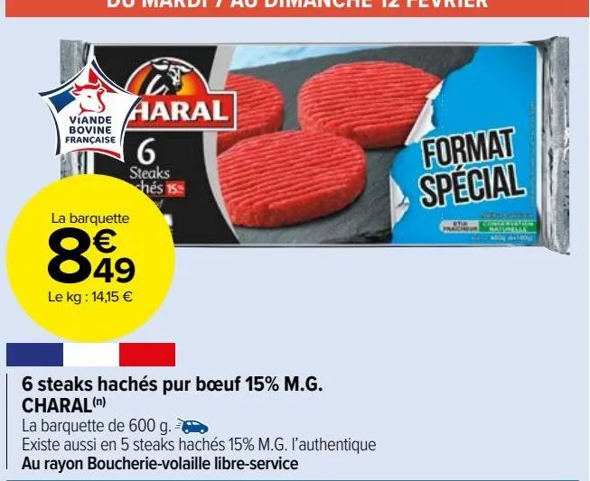 6 steaks hachés pur bœuf 15% m.g.  charal(n)