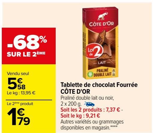 Tablette de chocolat Fourrée CÔTE D'OR