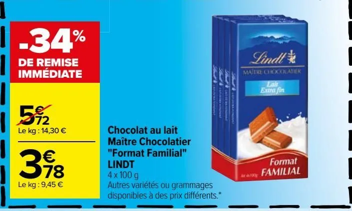 chocolat au lait maitre chocolatier ''format familial'' lindt 