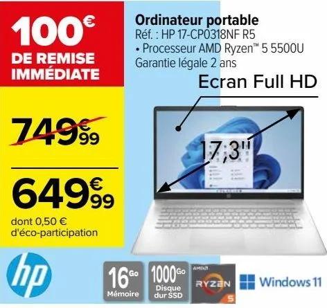 ordinateur portable hp 17-cp0318nf r5 