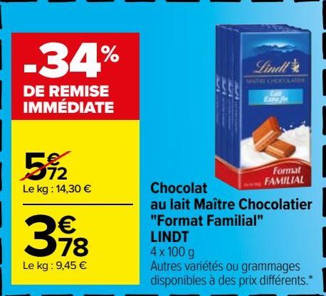 Chocolat au lait Maitre Chocolatier ''Format Familial'' LINDT 