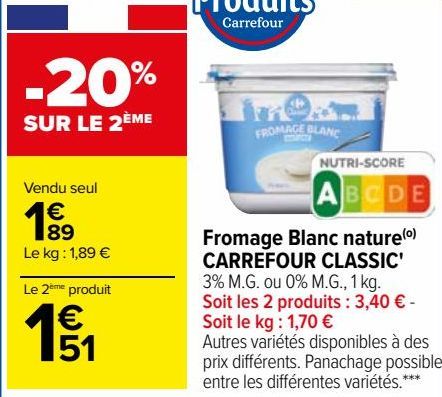 Fromage Blanc nature CARREFOUR CLASSIC 