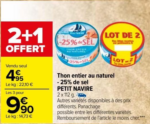 Thon entier au naturel -25% del sel PETIT NAVIRE 