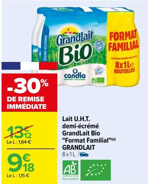 Lait U.H.T demi-écrémñe GranLait Bio ''Format Familiar'' GRANDLAIT 