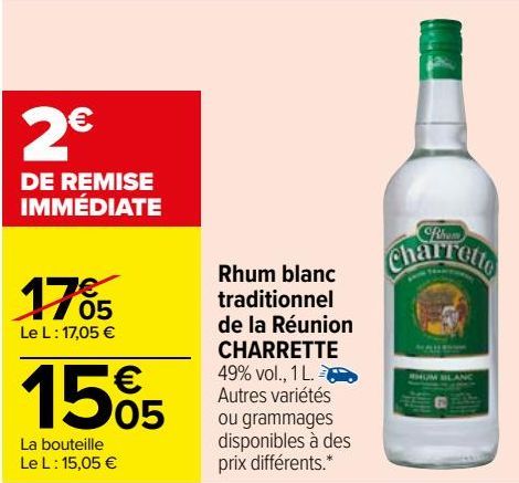 Rhum blanc traditionnel de la Réunion CHARRETTE 