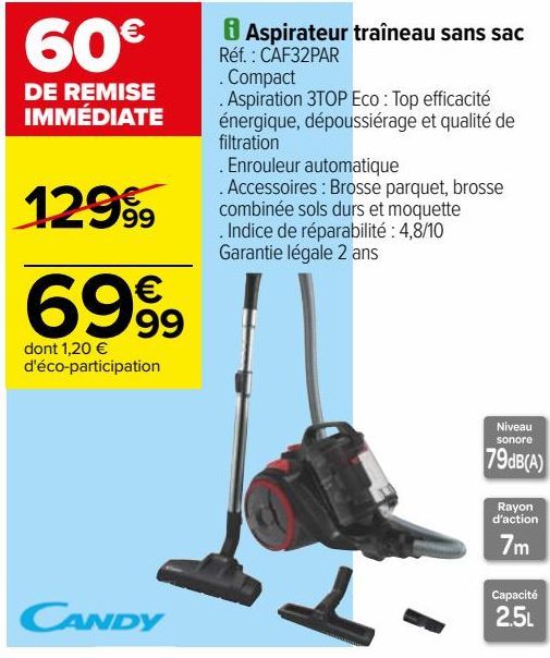 Aspirateur traineau sans sac CAF32PAR 