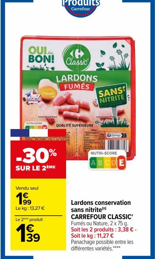 Lardons conservation sans nitrine CARREFOUR CLASSIC 