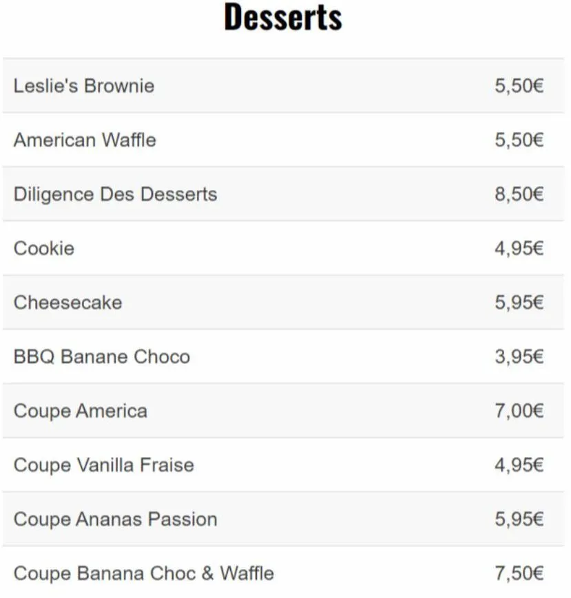 leslie's brownie  american waffle  diligence des desserts  cookie  cheesecake  bbq banane choco  coupe america  coupe vanilla fraise  coupe ananas passion  desserts  coupe banana choc & waffle  5,50€ 