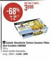 le  2⁹  -68% 3089  soit par 2 l'unite:  sideba  b salade stockholm tartare saumon pâtes œuf crudités sodebo 320 g  autres variétés disponibles le kg: 18641-l'unité: 5€89 