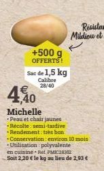 +500 g  OFFERTS!  Sac de 1,5 kg  Calibre 28/40  4,40  Michelle  Peau et chair jaunes Récolte: semi-tardive  Rendement très bon  Conservation environ 10 mois -Utilisation polyvalente en cuisine Red, PM