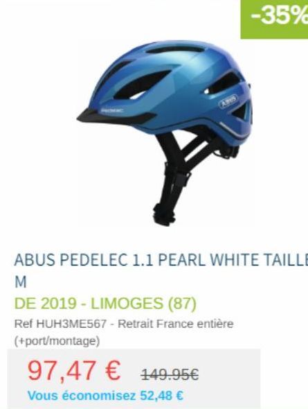 -35%  ABUS PEDELEC 1.1 PEARL WHITE TAILLE  M  DE 2019 - LIMOGES (87)  Ref HUH3ME567 - Retrait France entière (+port/montage)  97,47 € 149.95€  Vous économisez 52,48 € 