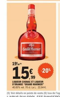 19  grand marnier  15€  liqueur cognac et liqueur d'orange "grand marnier" 40.00% vol. 70 cl. le l: 22,84 €  -20%  