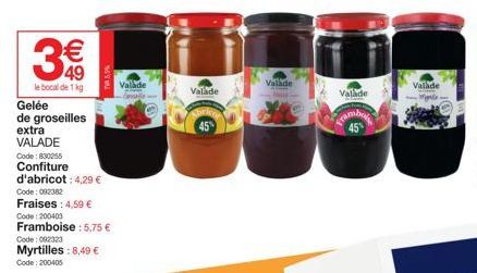 3  le bocal de 1 kg  Gelée de groseilles  extra  VALADE  Code: 830255  Confiture  d'abricot: 4,29 €  Code: 092382  75,5%  Fraises : 4,59 €  Code: 200403  Framboise : 5,75 €  Code: 092323  Myrtilles: 8