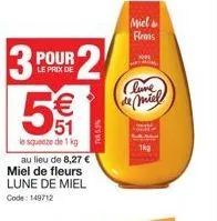 3⁰  pour 2  le prix de  €  51  le squeeze de 1 kg  au lieu de 8,27 € miel de fleurs lune de miel code: 149712  nes wall  miel flens  cluve de miel  1kg 