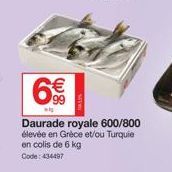 € 99  wi  Daurade royale 600/800  élevée en Grèce et/ou Turquie  en colis de 6 kg  Code: 434407 