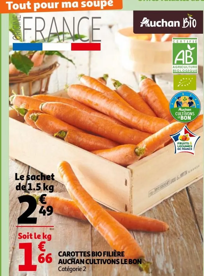  le sachet  de 1.5 kg carottes bio filière  auchan cultivons le bon