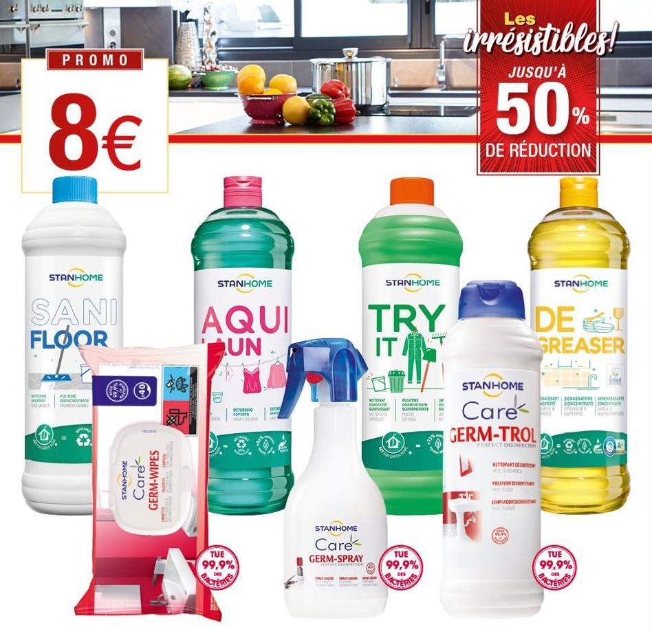 ddddd  PROMO  8€  DECANT  STANHOME  SANI FLOOR  PULITORE DISINCROSTANTE T  STANHOME  Care GERM-WIPES  THE CO  HARLENERS  T  SPALISAN  S  STANHOME  AQUI UN  por  DETERSIVO COPERTO LANA DELICA  MELAY  T