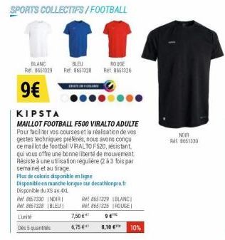 SPORTS COLLECTIFS/FOOTBALL  BLANC Ref. 8651329  9€  BLEU Ref. 8651328  Ret 8661330 INDIRI Ref 8661328 BLEU  L'unité  Des 5 quant  THE INCL  KIPSTA  MAILLOT FOOTBALL F500 VIRALTO ADULTE Pour faciliter 